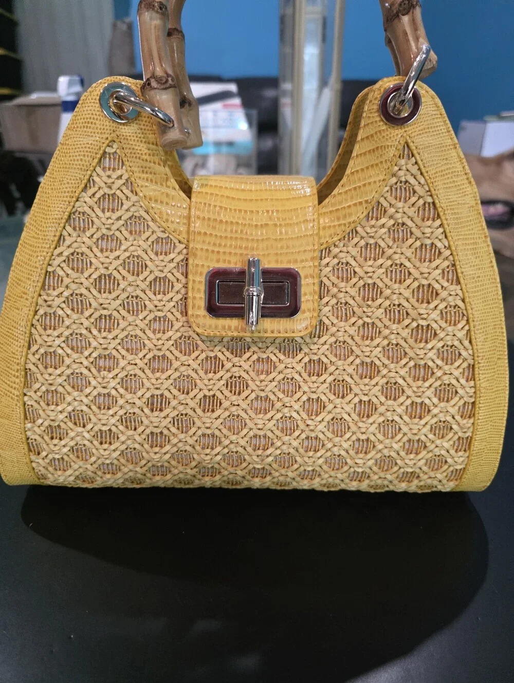 New Brahmin Adrian Yellow Woven Straw Tote Bag with Bamboo Handles